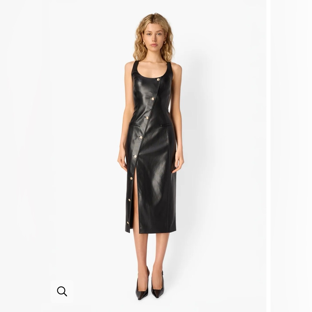 Cami NYC Kirby Vegan Leather Midi Dress with gold buttons